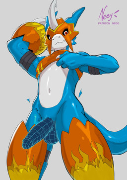anthro armor athletic athletic_anthro athletic_male balls blue_body clothed clothing clothing_lift crop_top digital_penis digitally_uploading erection evolution evolution_(transformation) genital_growth genitals growth headgear helmet humanoid_genitalia humanoid_penis looking_at_viewer low-angle_view male midriff navel penile penis penis_growth presenting raised_arm raised_clothing red_eyes shirt shirt_lift simple_background slim solo tail topwear transformation vein veiny_penis white_background wireframe negy bandai_namco digimon mythology digimon_(species) dragon flamedramon mythological_creature mythological_scalie scalie 2025 digital_drawing_(artwork) digital_media_(artwork) hi_res