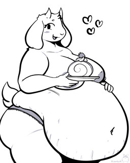 anthro areola belly belly_overhang big_belly big_breasts black_eyes black_mouth blush breasts cake clothed clothing dessert eyelashes female food grey_areola grey_clothing grey_nipples grey_panties grey_tongue grey_underwear hair hand_on_belly hand_on_own_belly heart_symbol holding_object holding_plate horn huge_belly looking_at_viewer mature_anthro mature_female navel nipples obese obese_anthro obese_female open_mouth open_smile overweight overweight_anthro overweight_female panties panties_only plate scut_tail short_tail simple_background smile smiling_at_viewer solo stretch_marks tail thick_thighs three-quarter_view tongue topless underwear underwear_only white_background white_body white_ears white_hair white_horn white_tail cocoalop12 undertale_(series) toriel bovid caprine goat mammal 2026 4:5 digital_media_(artwork) hi_res monochrome portrait three-quarter_portrait