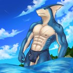 aircraft airplane anthro blue_body blue_eyes bulge city claws clothed clothing cloud detailed_background dorsal_fin dripping_wet fin gills male mountain muscular muscular_male nipples outside pelvic_fins scar sea sky skyscape solo swimwear vehicle water temere_artifex ambient_bird ambient_flier avian bird fish marine shark 1:1 hi_res