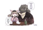 anthro beverage brown_hair container cup drinking duo eyebrows fur grey_body grey_fur hair headpat male pink_body pink_fur ponytail tea text thick_eyebrows chuurow lifewonders tokyo_afterschool_summoners shino_(tas) tanetomo_(tas) canid canine canis domestic_dog mammal absurd_res english_text hi_res