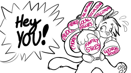 anthro backpack bag barefoot belt bodily_fluids dialogue feet fur male offscreen_character pouch_(clothing) solo speech_bubble sweat sweatdrop text yelling_at_another zhivago_(artist) felid feline mammal 16:9 english_text widescreen