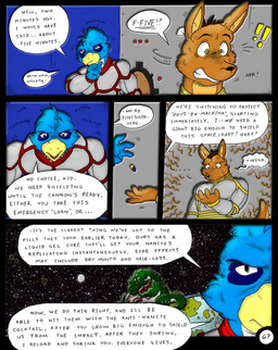 anthro dialogue female giga group macro male motion_lines musclegut muscular muscular_male onomatopoeia size_difference sound_effects space speech_bubble spikes spikes_(anatomy) text dnapalmhead redsaber third-party_edit mythology avian bird dragon kangaroo macropod mammal marsupial mythological_creature mythological_scalie scalie comic english_text