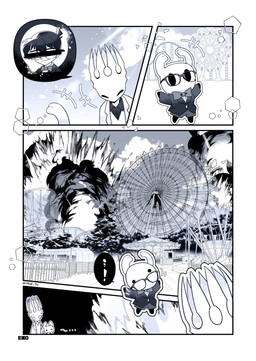 2_horns 4_panel_comic ambiguous_gender amusement_ride biped black_eyes black_speech_bubble bodily_fluids bow_tie clothed clothing cloud duo empty_eyes exclamation_point explosion eyewear ferris_wheel glasses horn mouth_closed outside sky speech_bubble standing sweat sweatdrop monz_tw detective_conan hollow_knight_(franchise) team_cherry pale_king_(hollow_knight) the_knight_(hollow_knight) arthropod human mammal vessel_(species) 2026 absurd_res comic hi_res monochrome father_(lore) father_and_child_(lore) male_(lore) parent_(lore) parent_and_child_(lore)