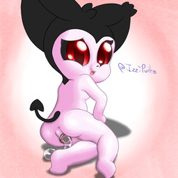 animal_genitalia animal_vulva anthro anus belly big_ears black_body black_fur black_sclera bodily_fluids butt canine_genitalia canine_vulva dripping_vulva ear_tuft egg egg_sac featureless_feet feet female fur genital_fluids genitals imminent_birth looking_back nude oviposition pink_body red_eyes simple_background sitting solo spade_tail tail tuft vaginal_canal vaginal_fluids vaginal_oviposition vulva young izzipurrito izzi_(izzipurrito) felid feline mammal 1:1 absurd_res hi_res