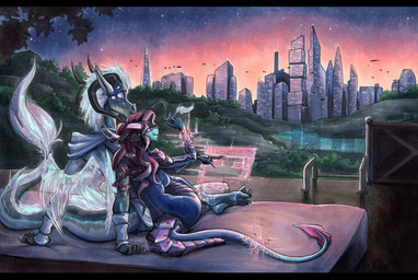 4_toes 5_fingers 6_eyes anthro barbel_(anatomy) biped black_bars black_horn blue_body blue_bodysuit blue_clothing blue_skinsuit blush bodysuit breasts clothing detailed_background duo feet female fingers flesh_whiskers futuristic_architecture futuristic_city hair holographic_display horn magic male mattress multi_eye night non-mammal_breasts outside purple_body purple_hair purple_horn purple_scales scales skinsuit sunset tail tight_clothing toes translucent translucent_wings wings ewgengster mythology malthaeos_(malthaeos) sylia dragon eastern_dragon mythological_creature mythological_scalie scalie wingless_dragon 2025 absurd_res comic hi_res letterbox traditional_media_(artwork)