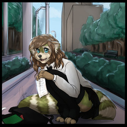 anthro backpack black_border blush border clothed clothing female looking_at_viewer open_mouth outside solo monstercheetah ailurid mammal red_panda 1:1 digital_media_(artwork) hi_res shaded