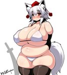 armwear big_breasts blush breasts clothed clothing elbow_gloves female gloves hair handwear huge_breasts legwear looking_at_viewer red_eyes short_hair simple_background skimpy slightly_chubby slightly_chubby_female solo thick_thighs thigh_highs underwear white_hair kyosuke_fujiwara touhou momiji_inubashiri animal_humanoid canid canid_humanoid canine canine_humanoid dog_humanoid humanoid mammal mammal_humanoid hi_res