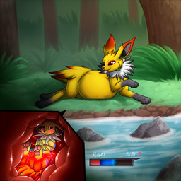 abdominal_bulge ambiguous_gender belly big_belly black_body black_fur blue_eyes blush cutaway dipstick_ears duo ear_markings eye_patch eyewear female female_symbol feral fur gameplay_mechanics gender_symbol grass gui healing healing_vore health_bar inside_stomach internal leg_markings level_number lying lying_on_ground markings multicolored_ears neck_tuft on_front on_ground oral_vore outside pawpads pink_pawpads plant red_body red_eyes red_fur river rock smile socks_(marking) symbol text tongue tongue_out tree tuft vore water white_body white_fur wounded yellow_body yellow_fur shikaro nintendo pokemon eeveelution generation_1_pokemon jolteon pokemon_(species) 1:1 character_name hi_res male_(lore)