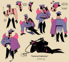 1_eye clothing heart_symbol male military_uniform necktie scar solo text thong thorns underwear uniform teebsly valentino_(tinybeasts) cyclops humanoid english_text hi_res model_sheet