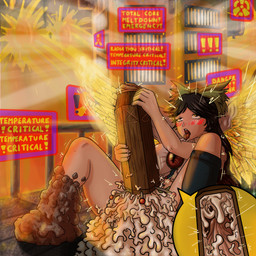 3_eyes accessory balls big_breasts big_penis black_hair black_wings blush bodily_fluids bottomwear bow_ribbon breasts chest_eye clothing cum excessive_cum excessive_genital_fluids exclamation_point feathered_wings feathers genital_fluids genitals glowing glowing_wings green_bottomwear green_clothing green_skirt gynomorph hair hair_accessory hair_bow hair_ribbon hazard_symbol humanoid_genitalia humanoid_penis improvised_sex_toy intersex masturbation multi_eye open_mouth penetrable_sex_toy penile penile_masturbation penis radiation_symbol railing ribbons sex_toy shirt sitting skirt solo symbol text tongue tongue_out topwear vein veiny_penis warning_sign white_clothing white_shirt white_topwear wings kakothecruiser touhou utsuho_reiuji animal_humanoid avian avian_humanoid humanoid winged_humanoid 1:1 2020 english_text hi_res