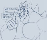 anthro big_pecs dialogue grey_background linked_speech_bubble male musclegut muscular nipples open_mouth pecs raised_finger simple_background solo speech_bubble text thick_neck threatening chibsarts mythology chiderg dragon mythological_creature mythological_scalie scalie english_text monochrome sketch