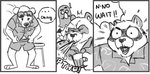 anthro beverage bottle bottomwear clothing container dialogue exclamation_point eyewear furniture group holding_object humor looking_down male open_mouth panicking shirt shorts spit-take spitting standing stool sunglasses text topwear undressing yelling eclipticafusion animal_crossing nintendo brewster_(animal_crossing) k.k._slider tom_nook_(animal_crossing) avian bird canid canine canis columbid domestic_dog mammal pigeon raccoon_dog tanuki 2020 comic english_text monochrome sketch