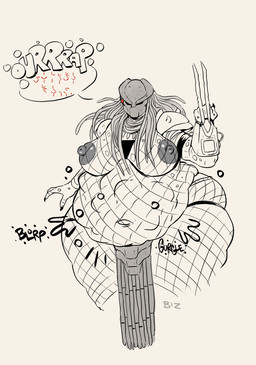 armor belly big_belly big_breasts bottomwear breasts burping clothing curvy_figure female female_pred fishnet_clothing headgear helmet huge_belly huge_breasts loincloth nipples speech_bubble struggling struggling_prey thick_thighs voluptuous vore wide_hips beastbizkit predator_(franchise) alien humanoid yautja hi_res