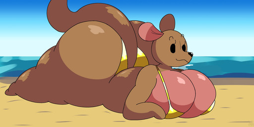 anthro beach big_breasts big_butt bikini black_eyes breasts butt clothing female huge_breasts huge_butt huge_thighs lying multicolored_body on_front seaside smile solo swimwear thick_thighs two-piece_swimsuit two_tone_body slem disney winnie_the_pooh_(franchise) kanga kangaroo macropod mammal marsupial hi_res