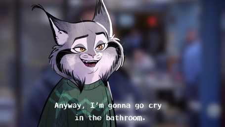 anthro clothing dialogue fur grey_body grey_fur male smile smirk solo sweater text topwear voice_actor_joke yellow_body yellow_fur g1evut_(artist) brooklyn_nine-nine disney zootopia pawbert_lynxley canada_lynx felid feline lynx mammal 16:9 english_text hi_res widescreen