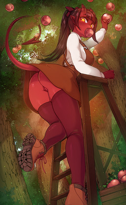 apple biped butt clothed clothing female food freckled_butt freckles fruit genitals hair horn humanoid_pointy_ears no_underwear not_furry plant pointy_ears red_body red_skin solo spade_tail tail tree upskirt vulva merunyaa meru_(merunyaa) demon demon_humanoid horned_humanoid humanoid tailed_humanoid hi_res