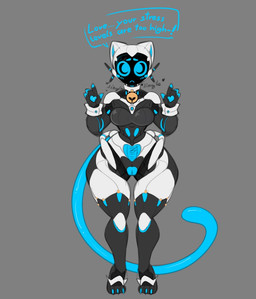 anthro bell bell_collar black_body blue_body blue_eyes blush blush_lines breasts collar dialogue featureless_breasts female for_a_head genitals looking_at_viewer machine penetrable_sex_toy screen screen_face sex_bot sex_toy solo speech_bubble talking_to_viewer text thick_thighs vulva whiskers white_body wide_hips monty_smug domestic_cat felid feline felis mammal object_head robot robot_anthro screen_head