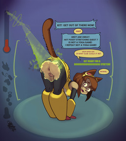 anthro anus breasts brown_body brown_hair butt camel_toe clothed clothing crotchless_bottomwear crotchless_clothing dialogue disintegrating_clothing embarrassing_exposure embarrassing_nudity eyewear female fur gameplay_mechanics genital_outline genitals goggles hair hud image_sequence nervous nervous_smile open_mouth particles questionable_consent shocked simple_background smile solo stretching tail teeth text tongue torn_clothing upskirt vulva vulva_outline whiskers yellow_clothing newd gameoverse glitch_productions kit_bodega domestic_cat felid feline felis mammal digital_media_(artwork) english_text hi_res