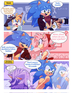 anthro bakery bedroom blush claw_marks clothing eyewear fangs female gloves goggles gold_ring hair_down handwear hero humor jacket kerchief male male/female mirror mirror_reflection princess reflection royalty simple_background smile speech_bubble teeth text topwear workshop floobit_alex sega sonic_the_hedgehog_(series) amy_rose blaze_the_cat miles_prower sonic_the_hedgehog canid canine domestic_cat eulipotyphlan felid feline felis fox hedgehog mammal comic english_text hi_res