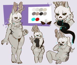 anthro antlers balls barefoot big_butt bikini bikini_bottom black_markings black_tongue blue_eyes bone butt claws clothing color_swatch colored_nails eyeliner feet femboy fur genitals gesture grey_body grey_fur hair hand_gesture horn lips lore makeup male markings messy_hair mostly_nude nails neck_tuft nude penis ponytail rabbit_ears red_eyes scut_tail sharp_teeth short_tail skull skull_head slightly_chubby slightly_chubby_male solo swimwear tail teeth tongue tuft two-piece_swimsuit v_sign white_hair wide_hips anonymous_artist american_mythology indigenous_north_american_mythology mythology north_american_mythology kona_(konathebundigo) humanoid hybrid lagomorph leporid mammal rabbit wendigo digital_media_(artwork) model_sheet