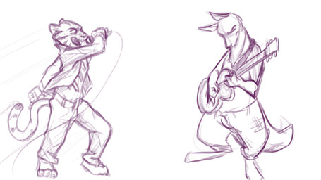 ambiguous_gender anthro barefoot clothed clothing duo electric_guitar electronics feet guitar holding_microphone holding_object jacket microphone musical_instrument open_clothing open_jacket open_mouth open_topwear playing_guitar playing_music plucked_string_instrument simple_background singing string_instrument topwear white_background ittybittykittytittys disney zootopia fan_character felid kangaroo macropod mammal marsupial pantherine tiger 16:9 2018 hi_res monochrome purple_and_white widescreen