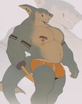 anthro arm_tattoo barazoku belly belly_hair biceps blue_eyes body_hair boxers_(clothing) breasts briefs bulge chest_hair chest_tattoo clothed clothing facial_scar fin fin_tattoo gills grin hook hook_hand male musclegut muscular muscular_anthro muscular_male navel nipple_piercing nipple_ring nipples non-mammal_breasts non-mammal_navel non-mammal_nipples nose_scar pecs piercing ring_piercing scar sharp_teeth smile solo stubble tail tattoo teeth topless topless_anthro topless_male underwear underwear_only yellow_boxers yellow_clothing yellow_underwear zoom_layer mr_nellory fish marine shark digital_drawing_(artwork) digital_media_(artwork) hi_res