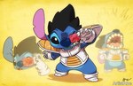 4_fingers armor black_eyes black_hair blue_nose bottomless clothed clothing costume fingers footwear hair looking_at_viewer male notched_ear open_mouth shoes simple_background solo sound_effects standing text white_clothing white_footwear white_shoes yellow_background artistabe disney dragon_ball dragon_ball_z lilo_and_stitch stitch_(lilo_and_stitch) vegeta alien experiment_(lilo_and_stitch) 2018 compression_artifacts crossover english_text signature