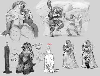 anthro axe big_breasts biped bodily_fluids breasts claws clothing dress duo female flower fur genitals holding_axe holding_flower holding_object human_on_anthro interspecies kettle_helmet kneeling larger_anthro larger_female male male/female markings muscular muscular_anthro muscular_male nipples offering_flower plant scent_play size_difference smaller_human smaller_male spots spotted_body spotted_fur sweat text toe_claws under_clothes vulva doctordj girlsmell_particles equid equine horse human hyena mammal spotted_hyena 2023 digital_media_(artwork) english_text hi_res