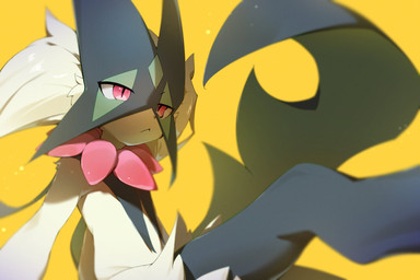 ambiguous_gender anthro flat_chested fur green_body green_fur green_hair hair pink_eyes simple_background solo dok2_mo nintendo pokemon felid feline generation_9_pokemon mammal meowscarada pokemon_(species) 2026 3:2 hi_res