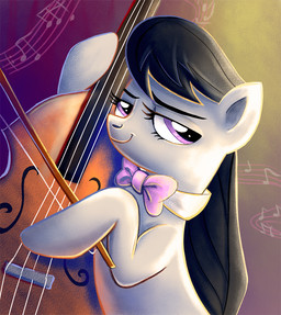 abstract_background black_hair bow_(feature) bow_(stringed_instrument) bow_tie bowed_string_instrument cello female feral fur grey_body grey_fur hair holding_object looking_at_viewer musical_instrument playing_music purple_eyes solo string_instrument adlynh friendship_is_magic hasbro my_little_pony octavia_(mlp) earth_pony equid equine horse mammal pony 2013