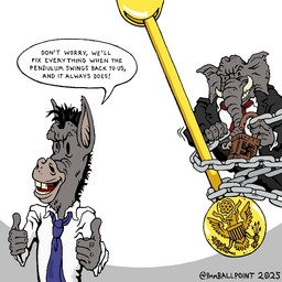 5_fingers anthro black_hair chain devious_grin dialogue duo fingers fur gesture grey_body grey_fur hair hand_gesture lock lock_symbol male open_mouth padlock political_cartoon politics simple_background speech_bubble suit_and_tie swastika text thumbs_up united_states_of_america white_background 9mmballpoint democratic_party_(usa) great_seal_of_the_united_states republican_party_(usa) democrat_donkey republican_elephant asinus donkey elephant elephantid equid equine mammal proboscidean 1:1 2025 english_text