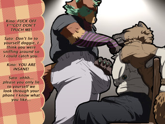 anthro big_bulge bulge claws clothed clothing duo erection erection_under_clothing forced fur green_body green_claws green_fur hand_on_bulge homophobia male male/male muscular muscular_male nipple_piercing nipples piercing red_eyes simple_background tied_to_chair avalath_tiger canid canine mammal raccoon_dog tanuki absurd_res hi_res