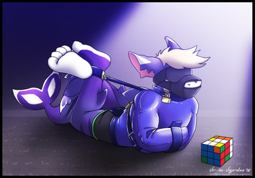 4_toes ankle_cuffs anthro barefoot bdsm biped blindfold blue_collar bondage bottomwear bound challenge clothed clothing collar countershade_feet countershading cuff_(restraint) feet fin foot_focus fully_bound gimp_suit glistening hair latex lock long_tail male muzzle_(object) muzzled padlocked_collar plantigrade purple_tail restrained restraints shackles simple_background soles solo straitjacket submissive submissive_male tail tail_fin text toes underwear white_hair vir-no-vigoratus rubik's_cube raditas aquatic fish shark 2016 digital_drawing_(artwork) digital_media_(artwork) story story_in_description url