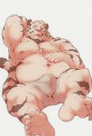 anthro armpit_tuft barazoku beard belly body_hair bulge clothed clothing facial_hair feet green_eyes hand_behind_head kemono looking_at_viewer male moobs musclegut muscular muscular_male narrowed_eyes nipples overweight overweight_male partially_clothed pawpads pecs simple_background smile solo squint striped_body stripes tail tongue tongue_out underwear heylaw21 crave_saga byaku_(crave_saga) felid feline mammal pantherine tiger absurd_res colored hi_res