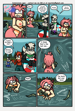 anthro areola ball beach beach_ball bent_over big_breasts blue_clothing blue_eyes blue_swimwear blush blush_lines breasts clothing dialogue embarrassed embarrassing_nudity evergreen_tree female forest fur green_eyes green_trunks group inflatable jerk kelp lake male nipples nude nude_anthro nude_female pine_tree pink_areola pink_body pink_fur pink_nipples pink_quills plant purple_clothing purple_speedo purple_swimwear quills_(anatomy) smug smug_face snatching speech_bubble speedo swimming_trunks swimskirt swimwear tan_arms tan_breasts tan_chest tan_mouth teasing text tickle_tease tree trio water sqootshy archie_comics sega sonic_the_hedgehog_(archie) sonic_the_hedgehog_(comics) sonic_the_hedgehog_(series) amy_rose geoffrey_st._john eulipotyphlan haplorhine hedgehog mammal mephitid monkey primate skunk 2026 absurd_res comic english_text hi_res multiple_scenes