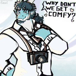 anthro blue_body blue_hair blue_scales body_hair camera chest_hair clothing collared_shirt dress_shirt ear_piercing ear_ring facial_hair goatee hair horn long_hair male piercing ring_piercing scales shirt sideburns solo speech_bubble tan_body tan_scales topwear complexmotivess anothereidos_of_dragon_vein_r mythology folker_(anothereidos_r) dragon mythological_creature mythological_scalie scalie 1:1 hi_res