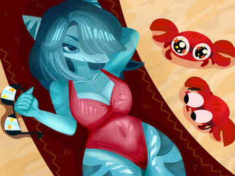 anthro beach big_breasts blue_body blue_eyes breasts clothing eyewear female navel navel_outline non-mammal_breasts non-mammal_navel one-piece_swimsuit sand solo summer sunglasses swimwear thick_thighs wide_hips avivous aquatic fish shark hi_res