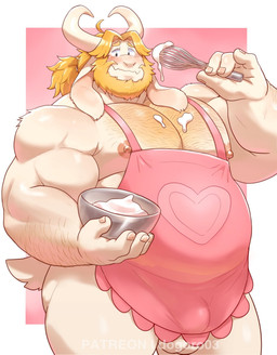 4_fingers anthro apron apron_only arm_hair balls barazoku beard belly biceps big_muscles blonde_hair blush body_hair bowl chest_hair clothing container deltoids facial_hair fingernails fingers floppy_ears frosting fur genitals hair horn huge_muscles kitchen_utensils looking_at_viewer male musclegut muscular muscular_male nails nipples pecs ponytail solo tail tools wavy_mouth whisk white_body white_fur o-ro undertale undertale_(series) asgore_dreemurr boss_monster_(undertale) bovid caprine goat mammal 2026 hi_res