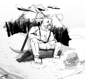 anthro clothed clothing cloud forest fur log male mining_helmet mining_pick mountain muscular muscular_male plant river simple_background sitting solo sun suspenders textured_background tree white_body white_fur wood taiga_took echo_(series) echo_project the_smoke_room samuel_ayers cougar felid feline mammal clip_studio_paint_(artwork) comic cover cover_art cover_page digital_media_(artwork) greyscale hi_res monochrome