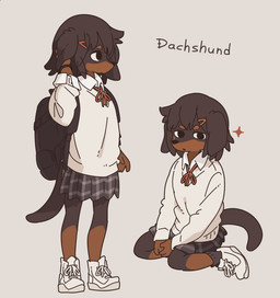 anthro backpack black_body black_fur black_hair bottomwear brown_body brown_fur clothed clothing female female_anthro footwear fur glint hair kemono kneeling looking_at_viewer multicolored_body multicolored_fur school_uniform shoes simple_background skirt sneakers solo sweater text topwear two_tone_body two_tone_fur uniform yagi_the_goat canid canine canis dachshund domestic_dog hunting_dog mammal english_text