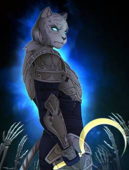 anthro armor blue_eyes bone fur male melee_weapon polearm scythe solo tail weapon white_body white_fur angryraccon bethesda_game_studios microsoft the_elder_scrolls the_elder_scrolls_online zerith-var felid khajiit mammal pantherine tiger hi_res
