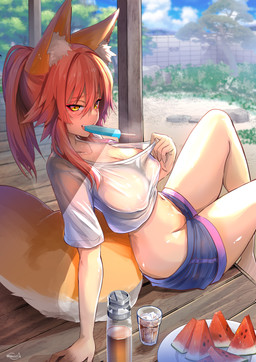 animal_ears bare_legs beverage big_breasts blush bottle bottomwear breasts cleavage clothed clothing clothing_pull cloud collarbone container crop_top cup dolphin_shorts fangs female fluffy_ears food fruit glass glass_container glass_cup glistening glistening_body hair hair_between_eyes long_hair looking_at_viewer melon navel nipple_outline open_mouth pink_hair plant ponytail popsicle shirt shorts sitting tail teeth topwear tree watermelon wet white_clothing white_crop_top white_topwear yellow_eyes wisespeak fate_(series) type-moon caster_tamamo-no-mae animal_humanoid canid canid_humanoid canine canine_humanoid fox_humanoid humanoid mammal mammal_humanoid hi_res