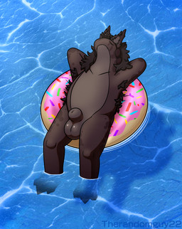 3_toes animal_genitalia anthro armpit_hair back_mane balls big_balls big_sheath biped black_mane black_scutes body_hair cast_shadow claws countershade_face countershade_torso countershading donut_pool_toy eyes_closed facial_markings feet fluffy_ears front_view fully_sheathed genitals hands_behind_head head_markings high-angle_view lying lying_on_object lying_on_pool_toy male mane markings mottled mottled_body mouthless nude nude_anthro nude_male on_back partially_submerged photo_background plantigrade pointy_ears pool pool_float pool_toy prick_ears purple_body purple_countershading purple_inner_ear purple_markings scutes sheath slightly_chubby slightly_chubby_anthro slightly_chubby_male snout solo spots spotted_markings swim_ring tear_(marking) text three-quarter_view toe_claws toes toony water therandomguy22 jayk_(emx) omnibeast omnitope 2025 artist_name hi_res photography_(artwork) shaded soft_shading nonbinary_(lore)