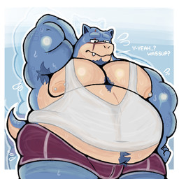 anthro armpit_hair beard belly belly_hair big_belly bodily_fluids body_hair bottomwear chest_hair clothing dialogue facial_hair facial_scar fangs hair looking_down male muscular muscular_anthro muscular_male overweight overweight_anthro overweight_male scales scar shirt shorts simple_background solo sweat tail tank_top teeth text thick_thighs topwear crococola nintendo pokemon blastoise generation_1_pokemon pokemon_(species) 1:1 english_text hi_res