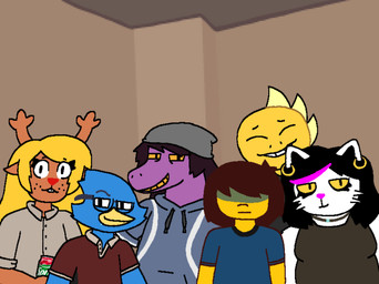 adolescent anthro beanie beverage_can clothing collared_shirt dress_shirt ear_piercing ear_ring eyes_closed female freckled_face freckles group group_photo hat headgear headwear hidden_eyes hoodie male piercing ring_piercing shirt topwear young gr3gg_rulz_ok deltarune echo_(series) echo_project sprite_cranberry undertale_(series) berdly catti_cattenheimer kris_dreemurr monster_kid noelle_holiday susie_(deltarune) avian bird deer felid feline human lizard mammal monster reptile scalie crossover nonbinary_(lore)