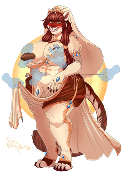 anthro armwear belly belly_grab belly_squish big_breasts blush bottomwear breast_grab breast_squeeze breasts brown_body brown_fur clothing curvy_figure digitigrade dress elbow_gloves female fur gloves grabbing group hand_on_breast handwear huge_breasts legwear loincloth nipples orange_body orange_fur slightly_chubby solo_focus squeezing squish stripes thick_thighs thigh_highs translucent translucent_hand veil voluptuous wide_hips redpixie felid mammal pantherine tiger absurd_res hi_res