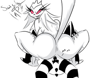 anthro beak breasts butt claws clothed clothing crown dialogue dominant dominant_female duo faceless_character faceless_male facesitting female fur genitals headgear horn interspecies male male/female mature_female open_mouth open_smile penis red_eyes simple_background sitting_on_another smile tongue white_body white_fur aptom7747 hellaverse helluva_boss blitzo_(helluva_boss) stella_(helluva_boss) avian demon imp absurd_res hi_res