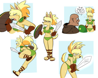 3_toes 4_fingers anthro armor bald bikini_armor blonde_hair bodily_fluids breasts butt cleavage clothed clothing duo feet female fingers footwear frown fur gloves hair handwear headgear holding_object holding_weapon looking_at_viewer looking_down male melee_weapon midriff narrowed_eyes navel open_mouth rear_view sandals shield shoes simple_background sweat sword teeth text toeless_footwear toes unconvincing_armor weapon yellow_body yellow_fur kabula_(artist) borzoi canid canine canis domestic_dog human hunting_dog mammal sighthound 2022 absurd_res digital_media_(artwork) english_text hi_res