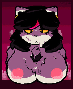 anthro big_breasts black_hair bodily_fluids breast_play breasts cum cum_on_breasts cum_on_face cum_on_penis duo ear_piercing ear_ring female fur genital_fluids genitals hair huge_breasts looking_at_genitalia looking_at_penis male male/female nipples penis piercing ring_piercing sex titfuck white_body white_fur yellow_eyes yellow_sclera catjamn deltarune undertale_(series) catti_cattenheimer felid feline mammal 2022 aliasing digital_media_(artwork)