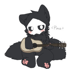acoustic_guitar ambiguous_gender anthro black_body black_fur blush daww fur guitar looking_at_viewer musical_instrument name_tag pawpads paws playing_guitar playing_music plucked_string_instrument simple_background sitting solo string_instrument white_background chano changed_(video_game) puro_(changed) canid canine canis mammal wolf 1:1